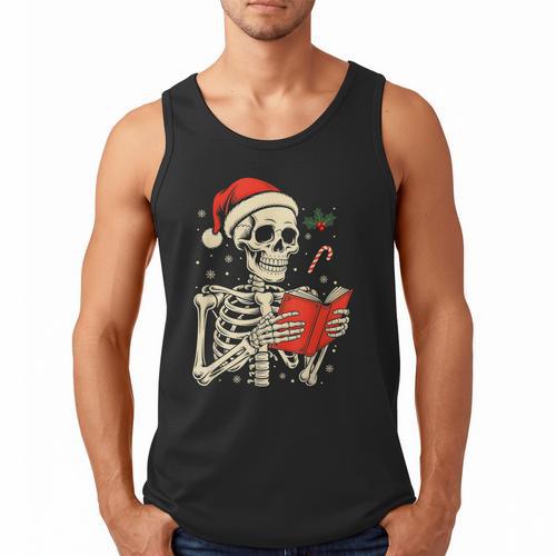 Skeleton Reading Book Christmas Teacher Librarian Book Lover Men Tank Top - Bookorys UK