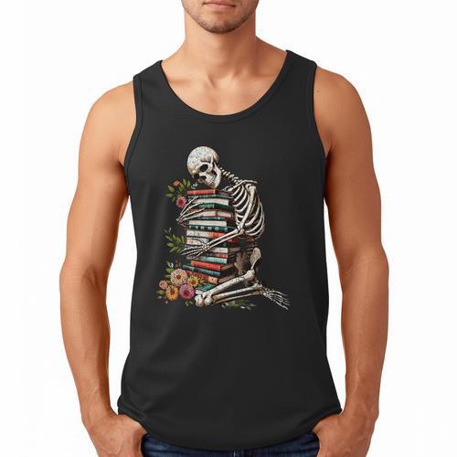 Skeleton Reading Book Halloween Bookworm Bibliophile Reader Men Tank Top - Bookorys