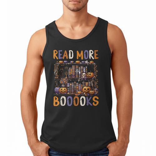 Spooky Halloween Bookshelf Bookcase Read More Books Men Tank Top - Bookorys