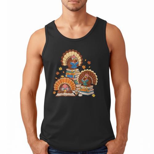 Turkey Read Books Reading Fall Thanksgiving Teacher Men Tank Top - Bookorys UK