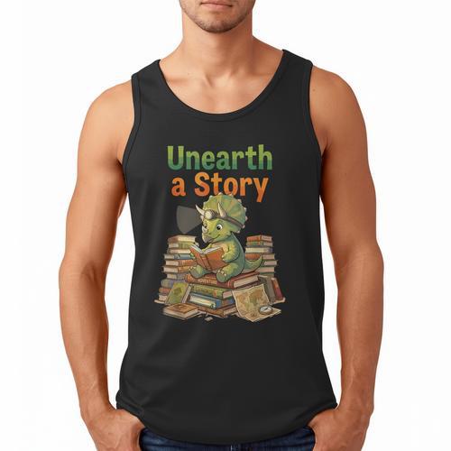 Unearth a Story Triceratops Dinosaur Reading Books Cute Dino Men Tank Top - Bookorys