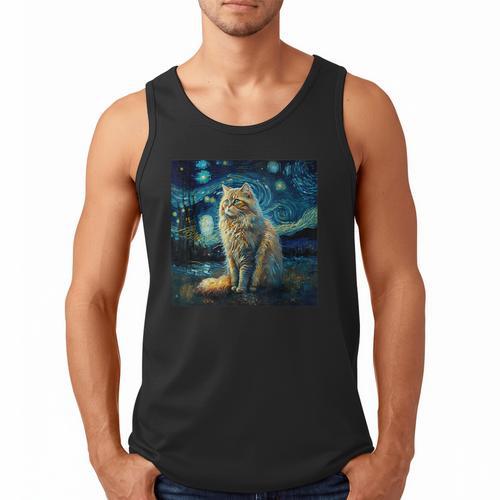 Van Gogh Starry Night Cat For Cat Lover Cat Mom And Cat Dad Men Tank Top - Father's Day Fun