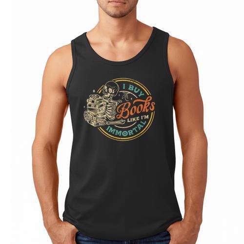 Vintage I Buy Books Like I'm Immortal Skeleton Reading Book Men Tank Top - Bookorys