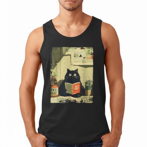 Vintage Japanese Cat Book Lovers Librarian Cat Dad Teacher Men Tank Top - Father's Day Fun