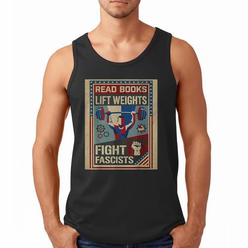 Vintage Style Read Books Lift Weights Fight Fascists Retro Men Tank Top - Bookorys CA