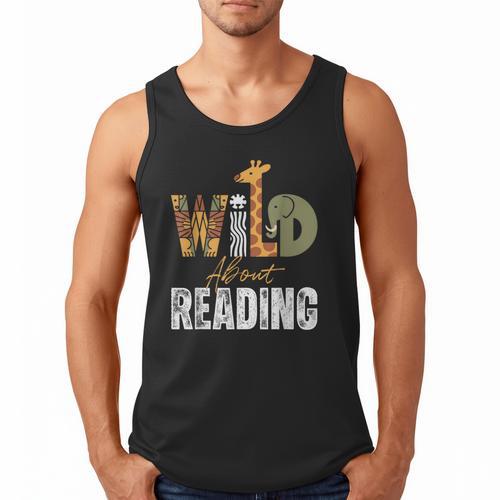 Wild About Reading Books Animal Theme Bookworm Library Day Men Tank Top - Bookorys
