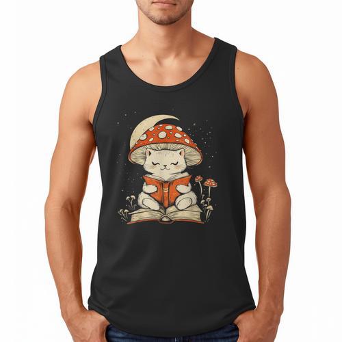 Women's Cottagecore Mushroom Cat Reading a Book Men Tank Top - Bookorys CA