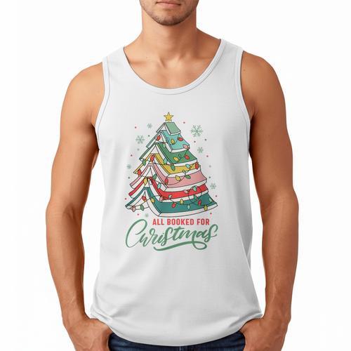 All Booked For Christmas Book Xmas Tree Lights Reading Girly Men Tank Top - Bookorys CA