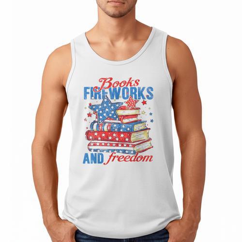 Books Fireworks And Freedom 4th Of July Book Lover Men Tank Top - Bookorys