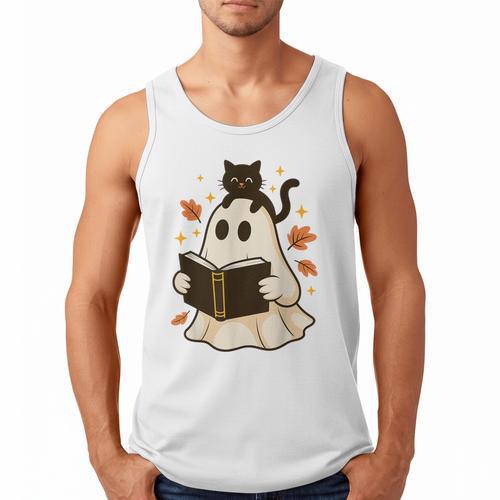 Books Ghost Reading Book Halloween Library Cat Fall Men Tank Top - Bookorys