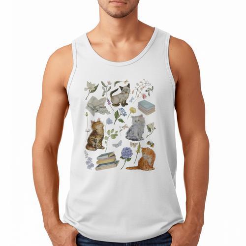 Cottagecore Cats And Books Floral Vintage Aesthetic Bookish Men Tank Top - Bookorys AU