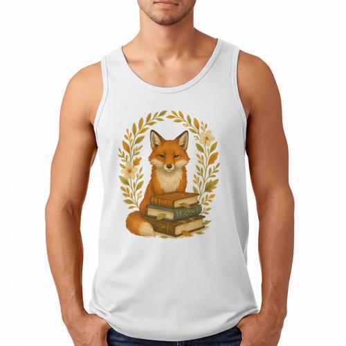 Cottagecore Whimsical Woodland Red Fox Behind Stack Of Books Men Tank Top - Bookorys