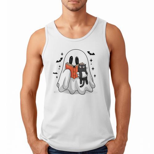 Cute Halloween Ghost Reading Book Men Tank Top - Bookorys