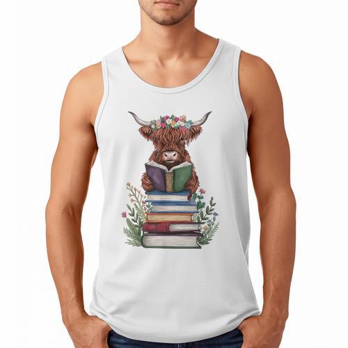 Cute Highland Cow With Book Floral Bookworm Librarian Book Men Tank Top - Bookorys