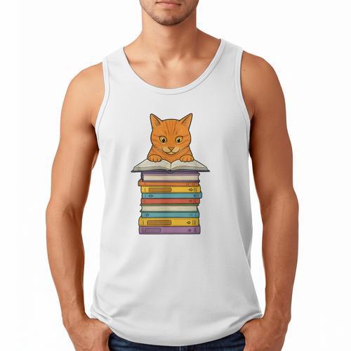 Cute Orange Tabby Cat Reading On Pile Of Books Men Tank Top - Bookorys