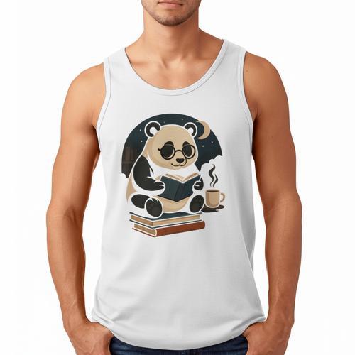 Cute Panda Reading Book Under Moon Bookworm Coffee Lover Men Tank Top - Bookorys