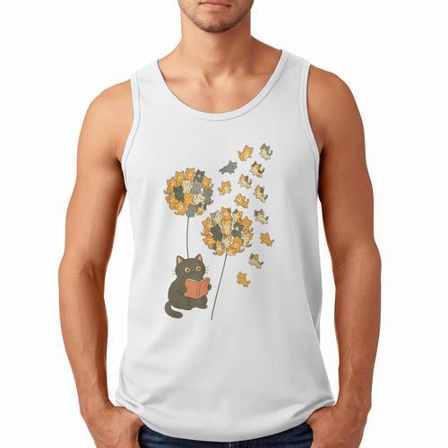 Cute Reading Cat With Kitten Dandelion Flowers Book Lover Men Tank Top - Bookorys