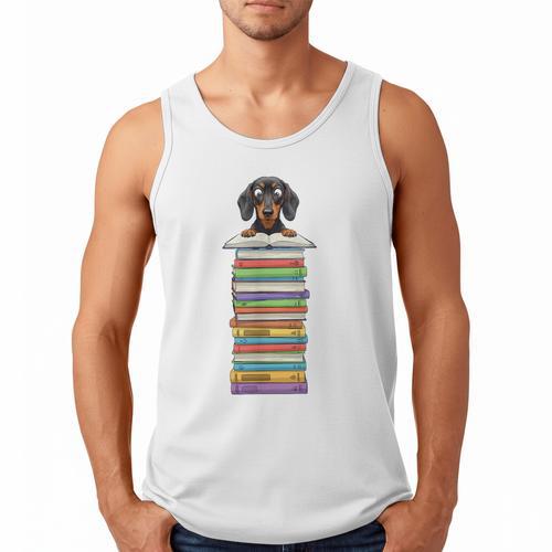 Cute Wiener Dog Dachshund Reading On Pile Of Books Men Tank Top - Bookorys UK