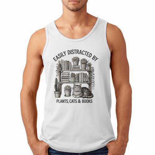 Easily Distracted By Plants Cats & Books Planting Gardening Men Tank Top - Bookorys DE