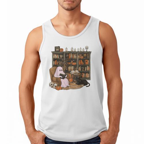 Ghost Reading Book Cat Lover Halloween Reading Enthusiast Men Tank Top - Bookorys DE