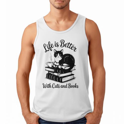 Life Is Better With Cats & Books Tuxedo Cat Mom Women Men Tank Top - Bookorys