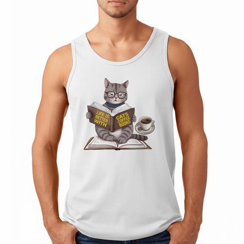Life Is Better With Cats Coffee Books Cat Reading Book Men Tank Top - Bookorys CA