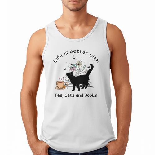 Life Is Better With Tea Cats And Books Cat Sayings Men Tank Top - Bookorys