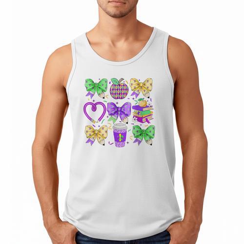 Mardi Gras Teacher Coquette Bow Pencil Apple Book Women Girl Men Tank Top - Bookorys DE