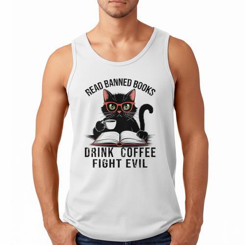 Read Banned Books Drink Coffee Fight Evil Retro Cat Men Tank Top - Bookorys CA