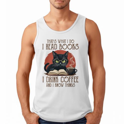 i Read Books And i Know Things Cat Reading Coffee Men Tank Top - Bookorys