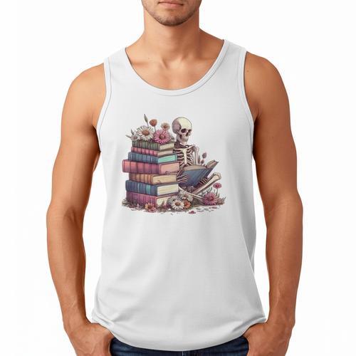 Reading A Book Per Day Keeps Reality Away Skeleton Books Men Tank Top - Bookorys
