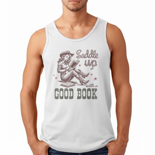 Retro Cowgirl ReadingTee Saddle Up With A Good Book Western Men Tank Top - Bookorys