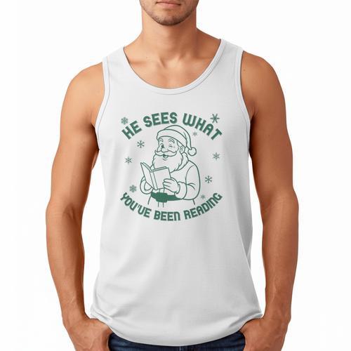 He Sees What You'Ve Been Reading Christmas Bookish Santa Premium Tri-Blend Men Tank Top - Bookorys DE
