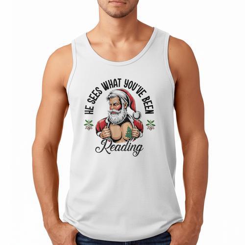 He Sees What You'Ve Been Reading Santa Xmas Book Lover Men Tank Top - Bookorys DE