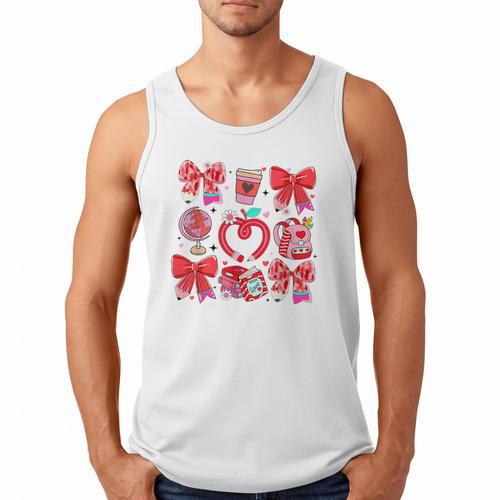 Valentine Teacher Coquette Bow Pencil Heart Book Girl Women Men Tank Top - Bookorys
