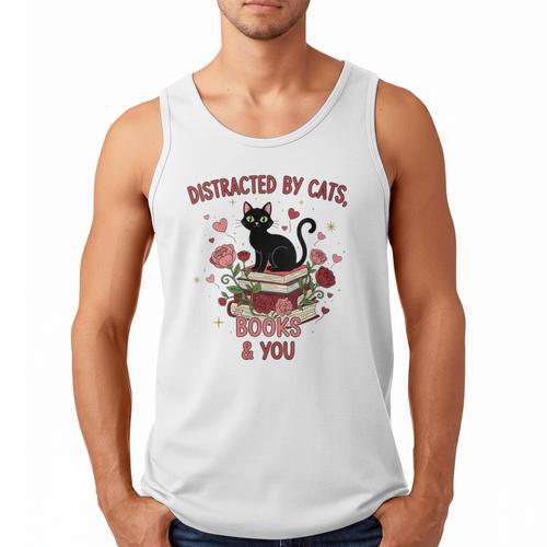 Women's Cat Books Romantic Floral Aesthetic Book Lover Cat Owner Men Tank Top - Bookorys CA