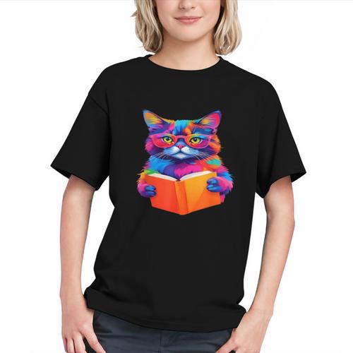 Cat Book Shirt Colorful Cat Reading Book Graphic Youth - Bookorys DE