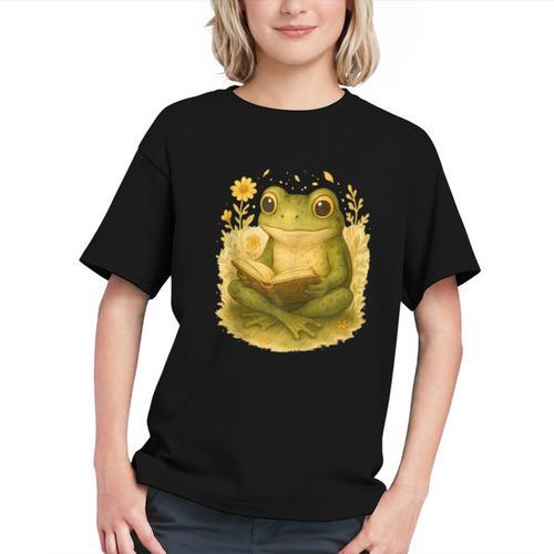 Cottagecore Whimsical Green Frog Peacefully Reading Book Graphic Youth - Bookorys CA
