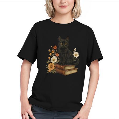 Cute Cat Book Flowers Graphic Youth - Bookorys