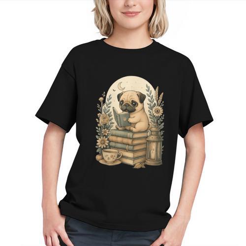 Cute Cottagecore Aesthetic Dog Pug Reading Book Nerd Graphic Youth - Bookorys AU