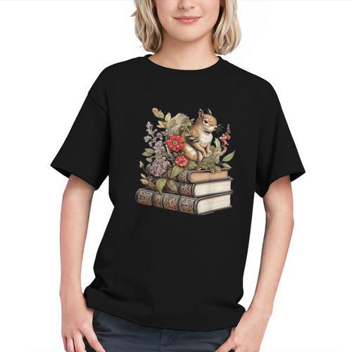 Cute Cottagecore Aesthetic Squirrel With Flowers Books Graphic Youth - Bookorys