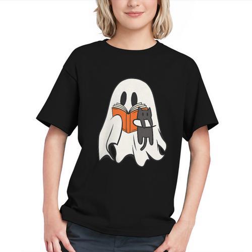 Cute Ghost Cat Reading Book Spooky Season Halloween Costume Graphic Youth - Bookorys