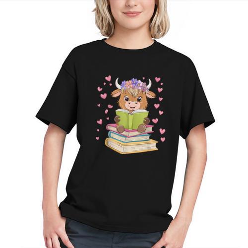 Highland Cow Reading Book Floral Bookworm Graphic Youth - Bookorys