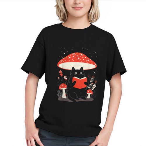 Kawaii Cottagecore Mushroom Cat Reading a Book Graphic Youth - Bookorys AU