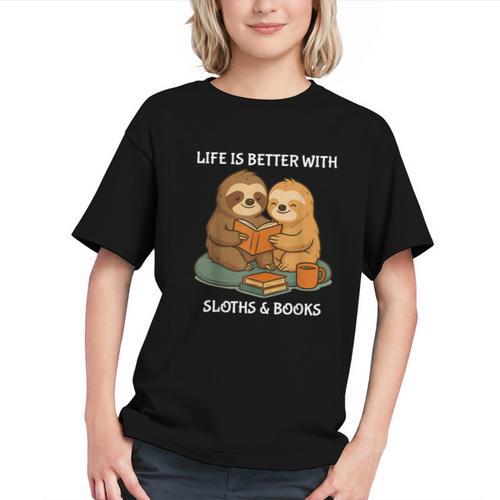 Life Is Better With Sloths And Books Cute Sloth Lover Graphic Youth - Bookorys