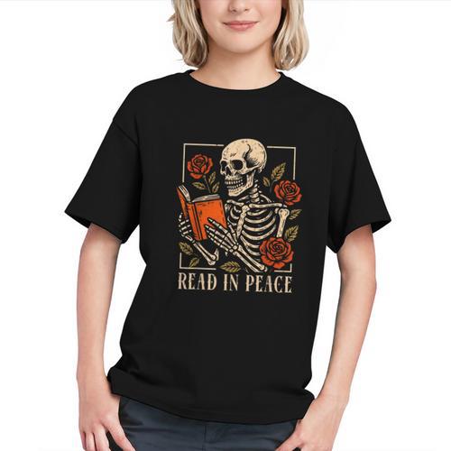 Read In Peace Skeleton Reading Book Halloween Teacher Graphic Youth - Bookorys DE