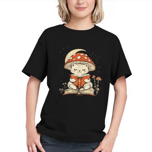 Women's Cottagecore Mushroom Cat Reading a Book Graphic Youth - Bookorys AU