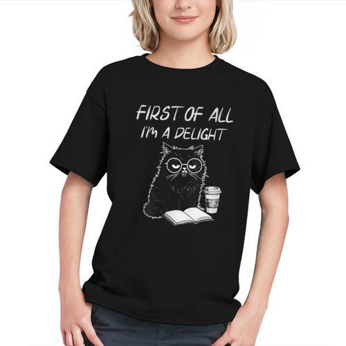 Women's First Of All I’m A Delight Cute Cat Books Coffee Humor Graphic Youth - Bookorys AU