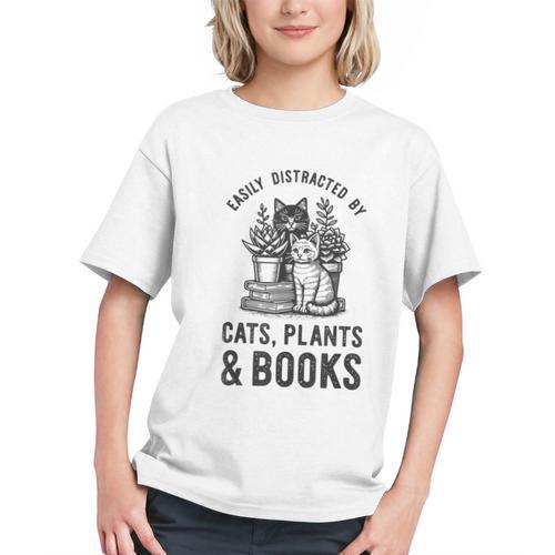 Cats Plants And Books Shirt Plant Lover Gardening Graphic Youth - Bookorys