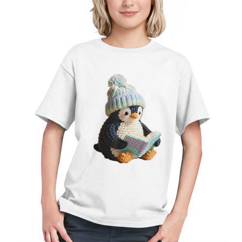 Cute Penguin Reading Book Faux-Crochet Print Graphic Youth - Bookorys